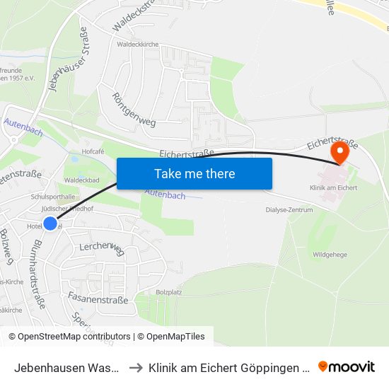Jebenhausen Wasenstraße to Klinik am Eichert Göppingen Frauenklinik map