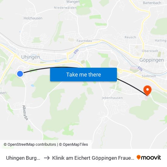 Uhingen Burgstall to Klinik am Eichert Göppingen Frauenklinik map