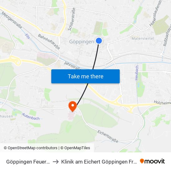 Göppingen Feuerwache to Klinik am Eichert Göppingen Frauenklinik map