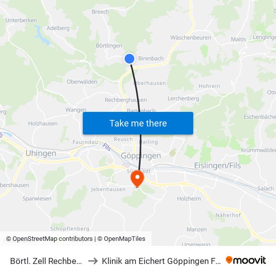 Börtl. Zell Rechbergh. Str. to Klinik am Eichert Göppingen Frauenklinik map