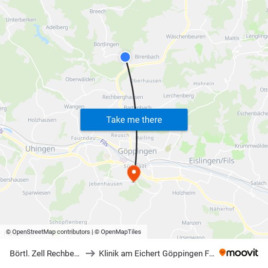 Börtl. Zell Rechbergh. Str. to Klinik am Eichert Göppingen Frauenklinik map