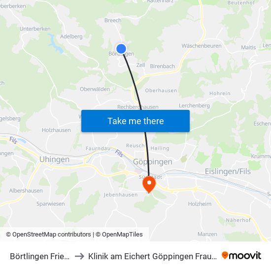 Börtlingen Friedhof to Klinik am Eichert Göppingen Frauenklinik map