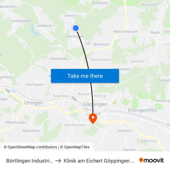 Börtlingen Industriegebiet to Klinik am Eichert Göppingen Frauenklinik map