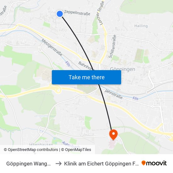 Göppingen Wangener Str. to Klinik am Eichert Göppingen Frauenklinik map
