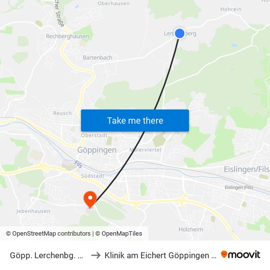 Göpp. Lerchenbg. Ortsmitte to Klinik am Eichert Göppingen Frauenklinik map