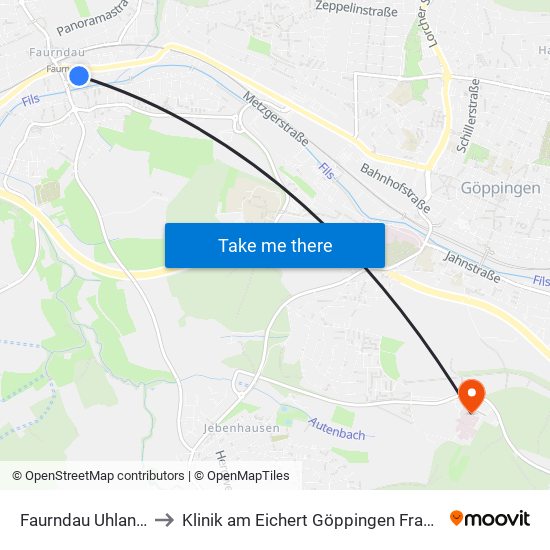 Faurndau Uhlandstr. to Klinik am Eichert Göppingen Frauenklinik map