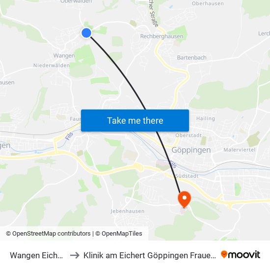 Wangen Eichbühl to Klinik am Eichert Göppingen Frauenklinik map