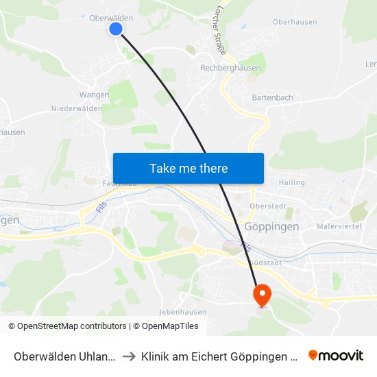 Oberwälden Uhlandstraße to Klinik am Eichert Göppingen Frauenklinik map