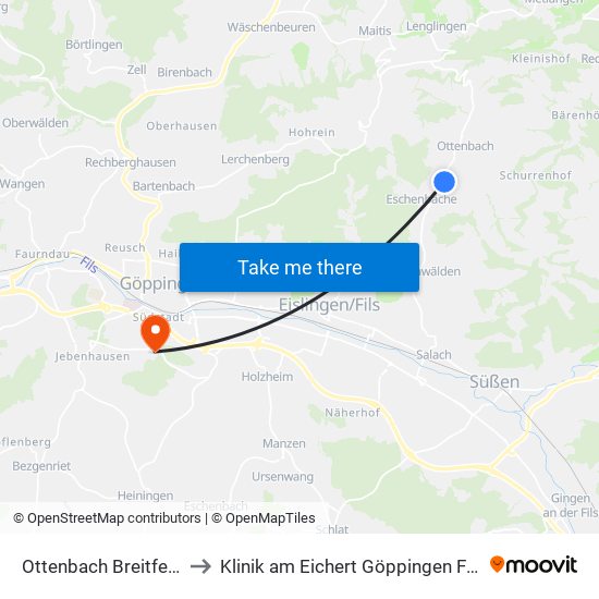 Ottenbach Breitfelderhof to Klinik am Eichert Göppingen Frauenklinik map