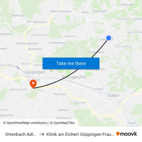 Ottenbach Adlerstr. to Klinik am Eichert Göppingen Frauenklinik map