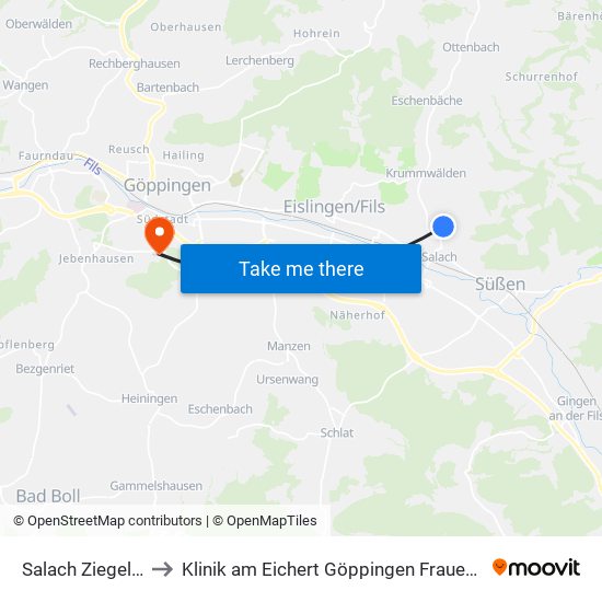 Salach Ziegelstr. to Klinik am Eichert Göppingen Frauenklinik map