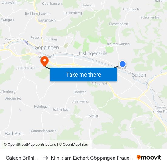 Salach Brühlweg to Klinik am Eichert Göppingen Frauenklinik map