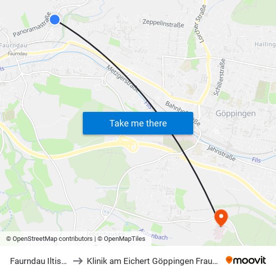 Faurndau Iltisweg to Klinik am Eichert Göppingen Frauenklinik map
