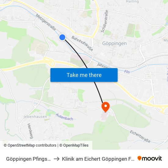 Göppingen Pfingstwasen to Klinik am Eichert Göppingen Frauenklinik map