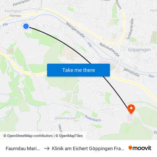 Faurndau Marienstr. to Klinik am Eichert Göppingen Frauenklinik map