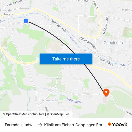 Faurndau Ludwigstr. to Klinik am Eichert Göppingen Frauenklinik map