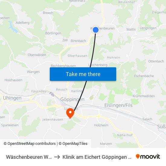 Wäschenbeuren Wiesental to Klinik am Eichert Göppingen Frauenklinik map