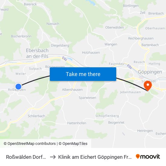 Roßwälden Dorfstraße to Klinik am Eichert Göppingen Frauenklinik map