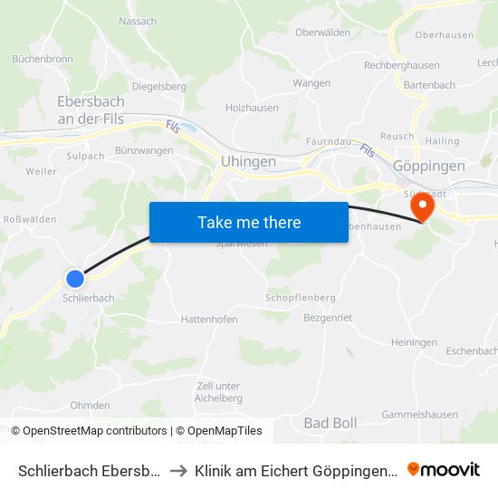 Schlierbach Ebersbacher Str. to Klinik am Eichert Göppingen Frauenklinik map
