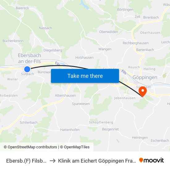 Ebersb.(F) Filsbrücke to Klinik am Eichert Göppingen Frauenklinik map