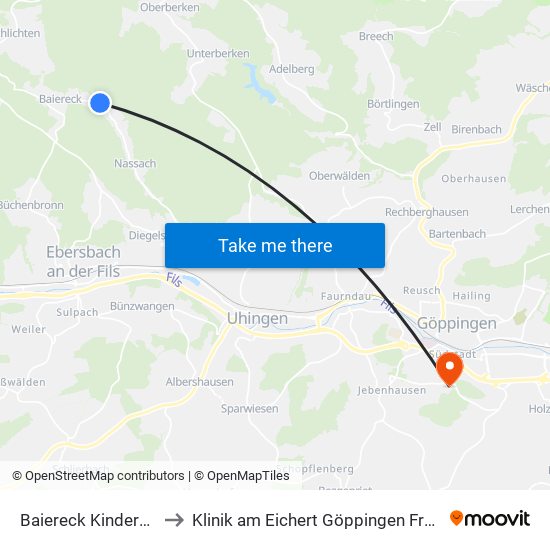 Baiereck Kindergarten to Klinik am Eichert Göppingen Frauenklinik map