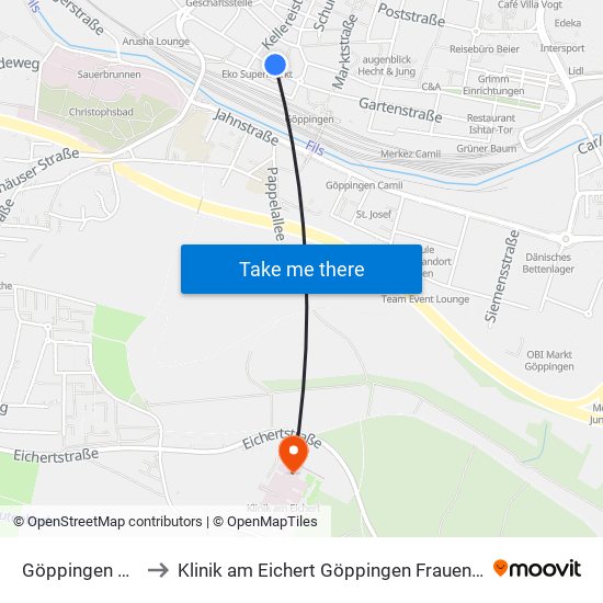 Göppingen Zob to Klinik am Eichert Göppingen Frauenklinik map