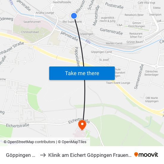 Göppingen Zob to Klinik am Eichert Göppingen Frauenklinik map
