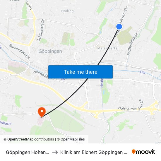 Göppingen Hohensteinstr. to Klinik am Eichert Göppingen Frauenklinik map