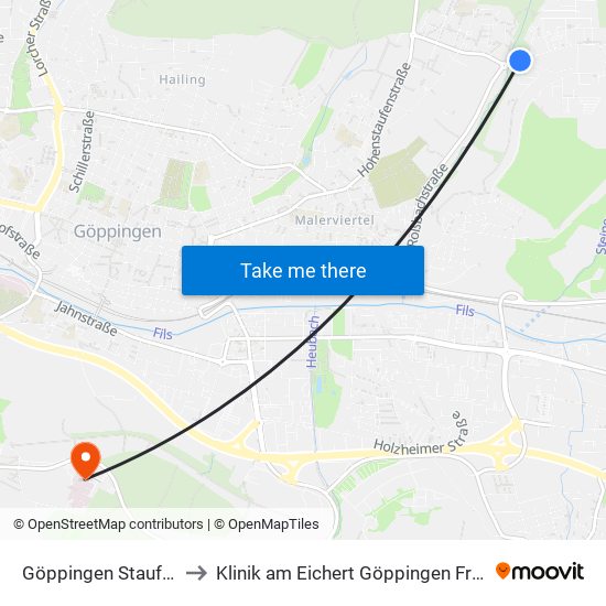 Göppingen Stauferpark to Klinik am Eichert Göppingen Frauenklinik map