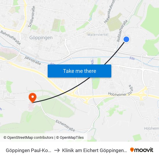 Göppingen Paul-Koepff-Weg to Klinik am Eichert Göppingen Frauenklinik map