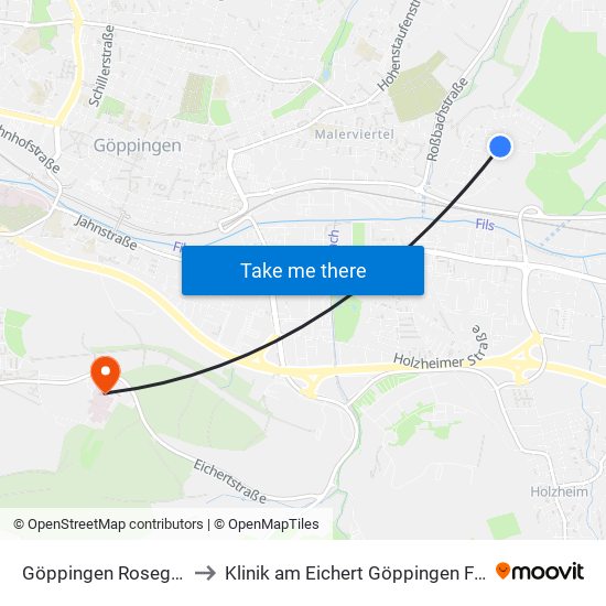 Göppingen Roseggerweg to Klinik am Eichert Göppingen Frauenklinik map