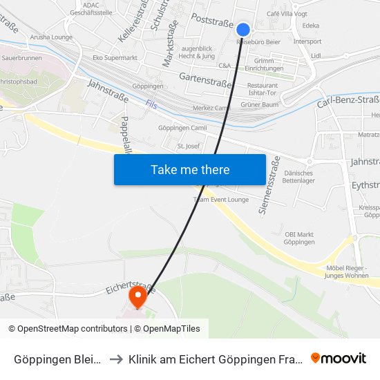 Göppingen Bleichstr. to Klinik am Eichert Göppingen Frauenklinik map