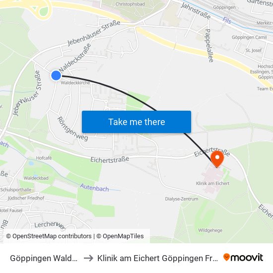 Göppingen Waldeckstr. to Klinik am Eichert Göppingen Frauenklinik map