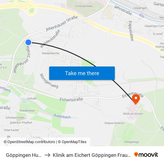 Göppingen Hugstr. to Klinik am Eichert Göppingen Frauenklinik map