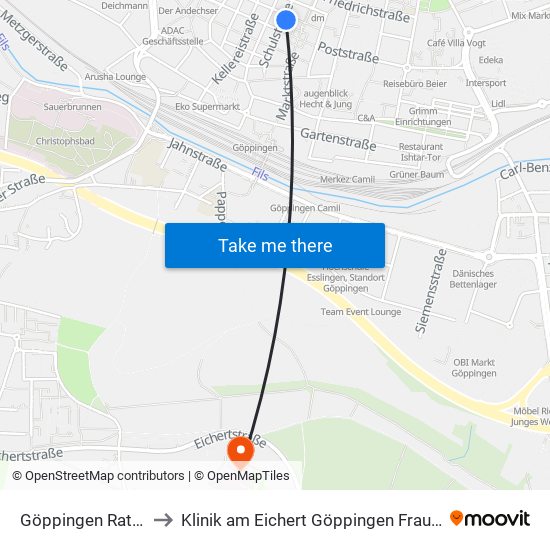 Göppingen Rathaus to Klinik am Eichert Göppingen Frauenklinik map