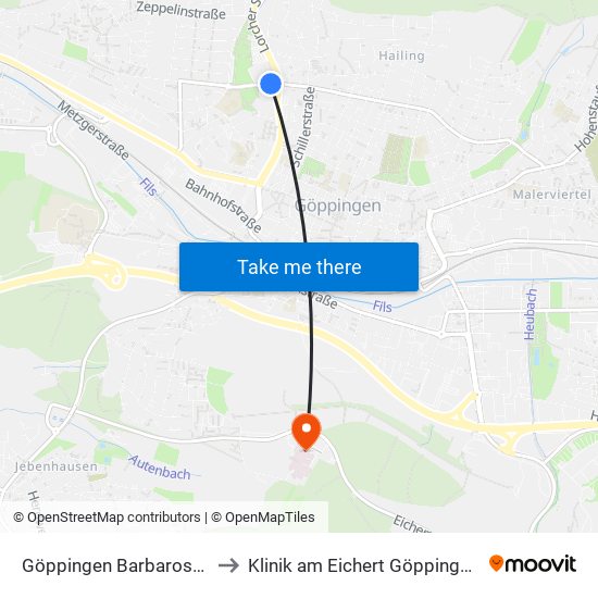Göppingen Barbarossa-Thermen to Klinik am Eichert Göppingen Frauenklinik map
