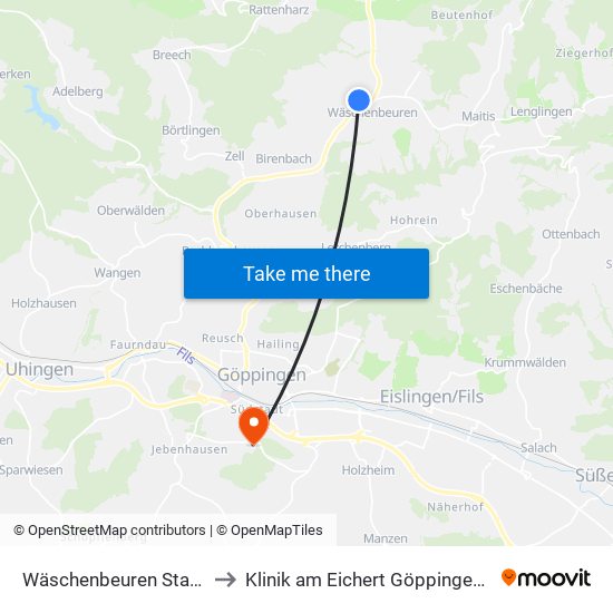 Wäschenbeuren Stauferschule to Klinik am Eichert Göppingen Frauenklinik map