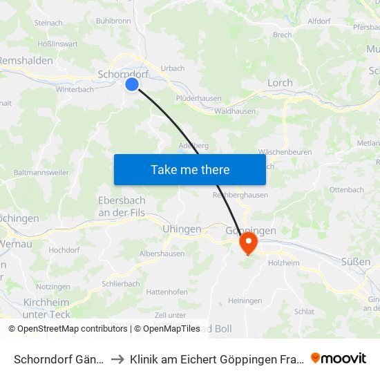 Schorndorf Gänsbühl to Klinik am Eichert Göppingen Frauenklinik map