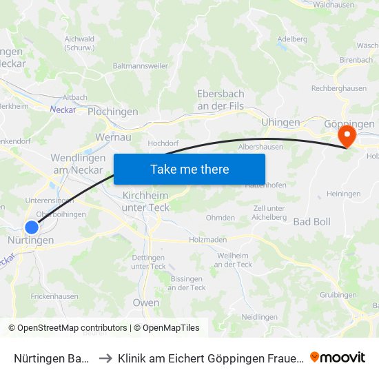 Nürtingen Bauhof to Klinik am Eichert Göppingen Frauenklinik map