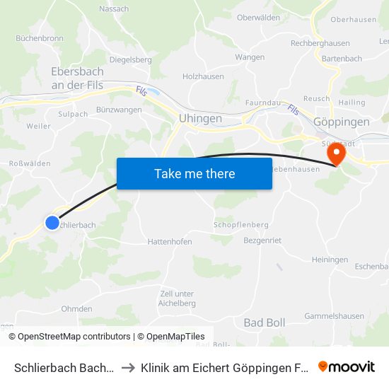 Schlierbach Bachbrücke to Klinik am Eichert Göppingen Frauenklinik map