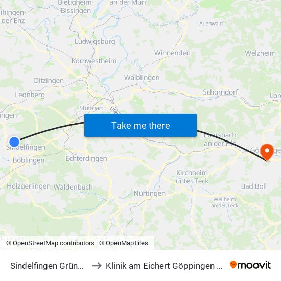 Sindelfingen Grünäckerstr. to Klinik am Eichert Göppingen Frauenklinik map