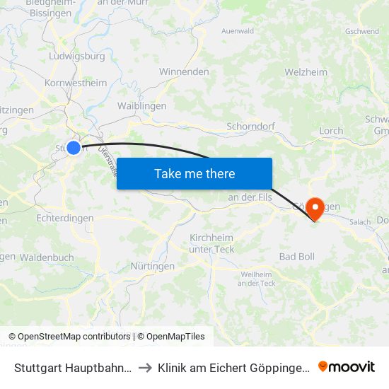 Stuttgart Hauptbahnhof (Oben) to Klinik am Eichert Göppingen Frauenklinik map