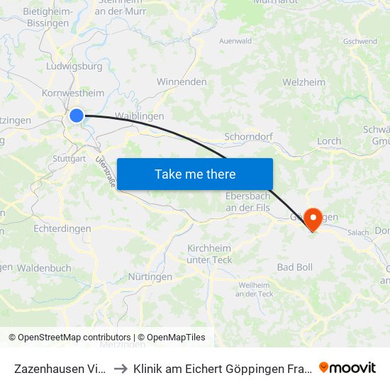 Zazenhausen Viadukt to Klinik am Eichert Göppingen Frauenklinik map