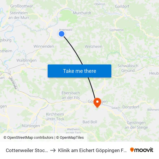 Cottenweiler Stockäcker to Klinik am Eichert Göppingen Frauenklinik map