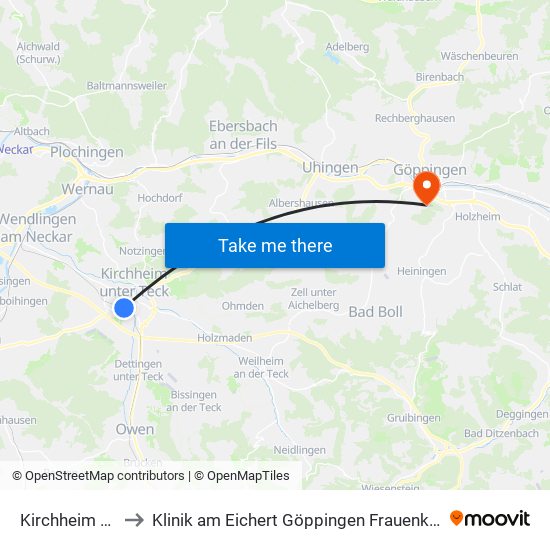 Kirchheim (T) to Klinik am Eichert Göppingen Frauenklinik map