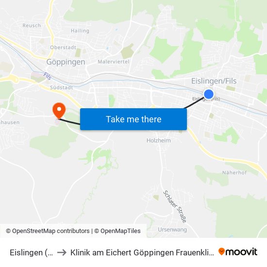 Eislingen (F) to Klinik am Eichert Göppingen Frauenklinik map