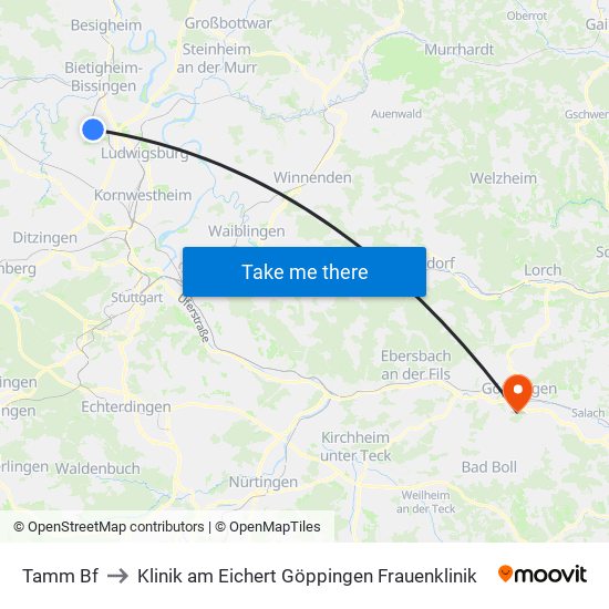 Tamm Bf to Klinik am Eichert Göppingen Frauenklinik map