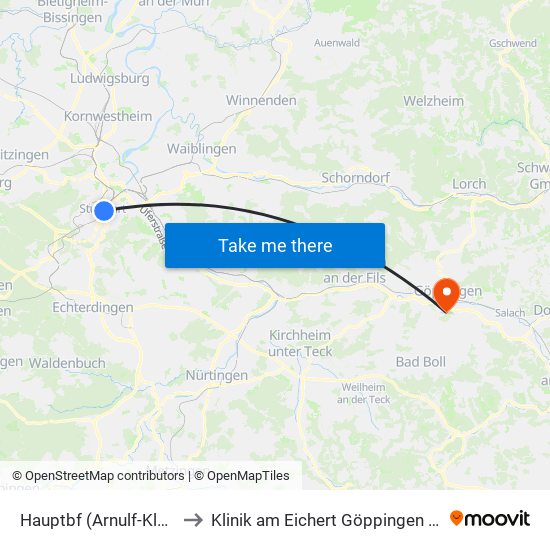 Hauptbf (Arnulf-Klett-Platz) to Klinik am Eichert Göppingen Frauenklinik map