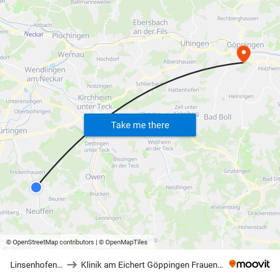 Linsenhofen Bf to Klinik am Eichert Göppingen Frauenklinik map