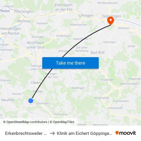 Erkenbrechtsweiler Staufenstr. to Klinik am Eichert Göppingen Frauenklinik map